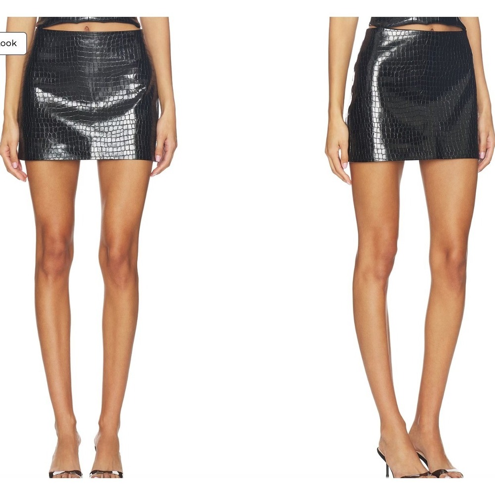 NEW NBD Sumeera Croc Embossed Faux Leather Mini Skirt Black S